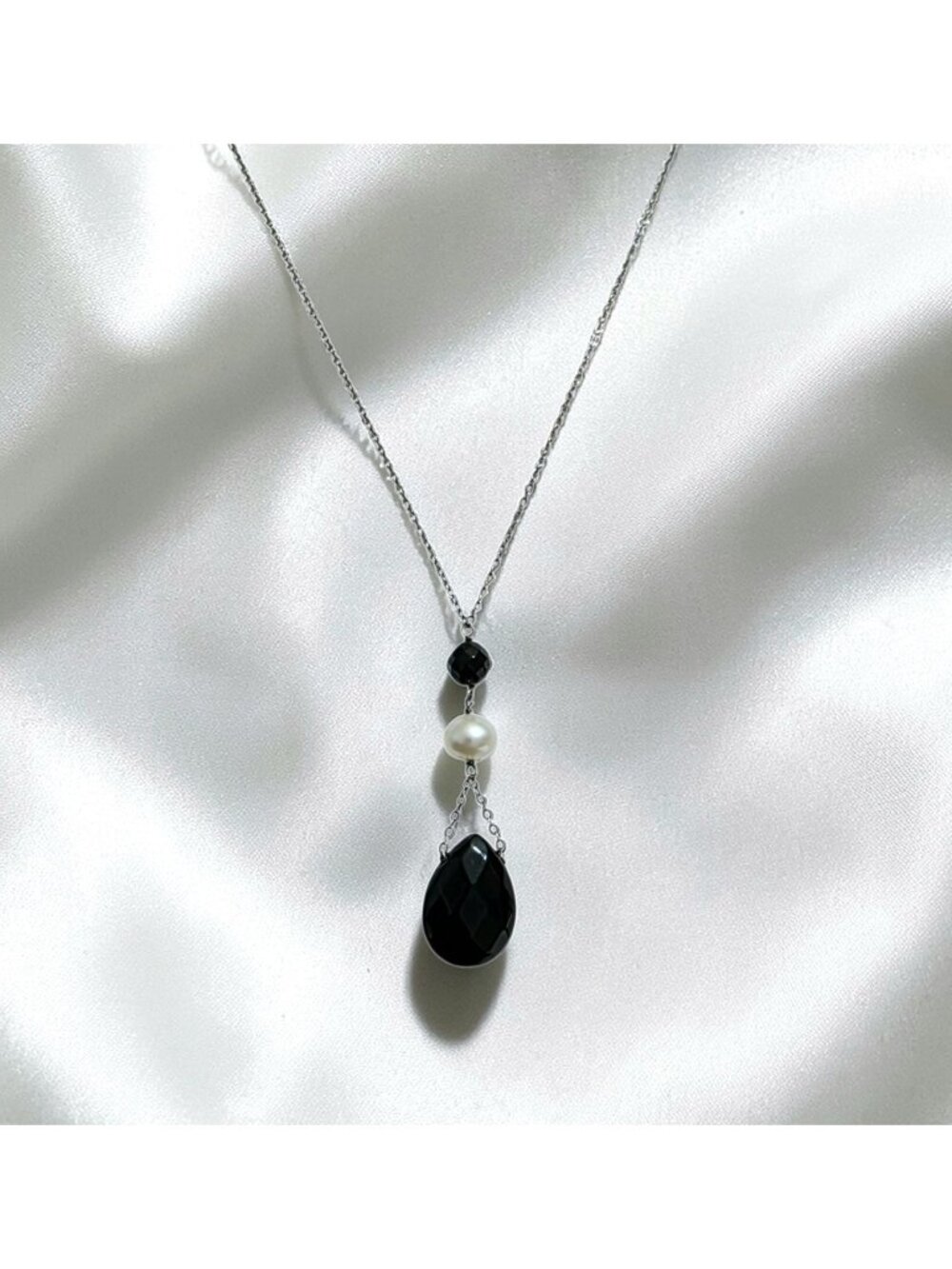 Sterling Silver Necklace Black Onyx Pearl Dangle Pendant Drop 18" Elegant Formal